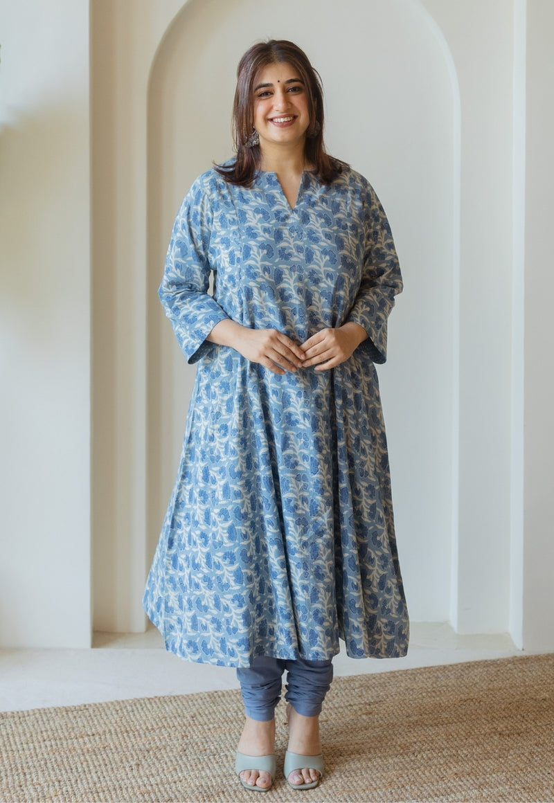 Malika Blue Ajrakh Cotton Kali Kurta
