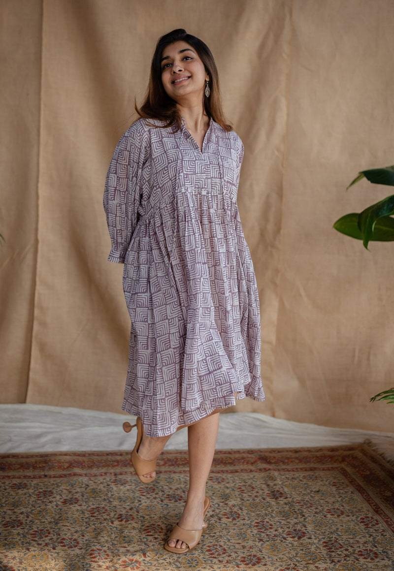 Elina Lavender Batik MulMul Cotton A Line Dress