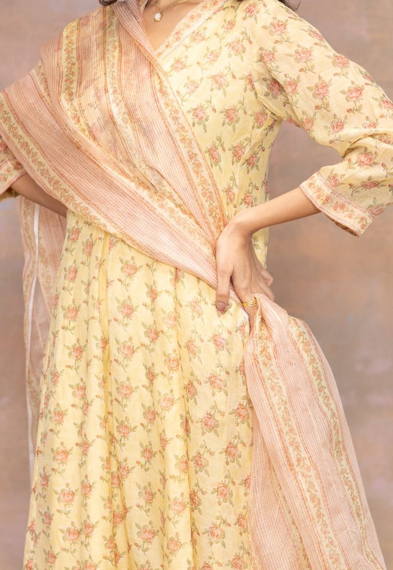 Rosette Peach Sanganeri Kota Doria Silk Dupatta