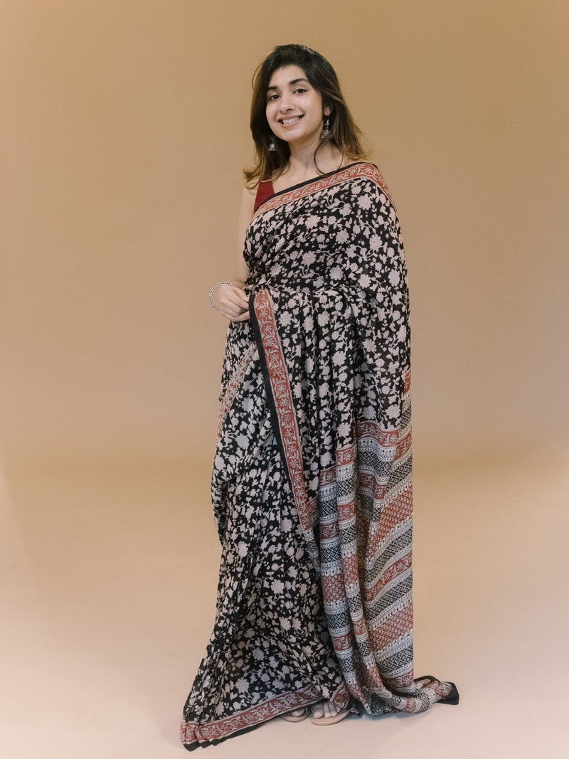 Black Jaal Bagru Hand Block Print Modal Saree
