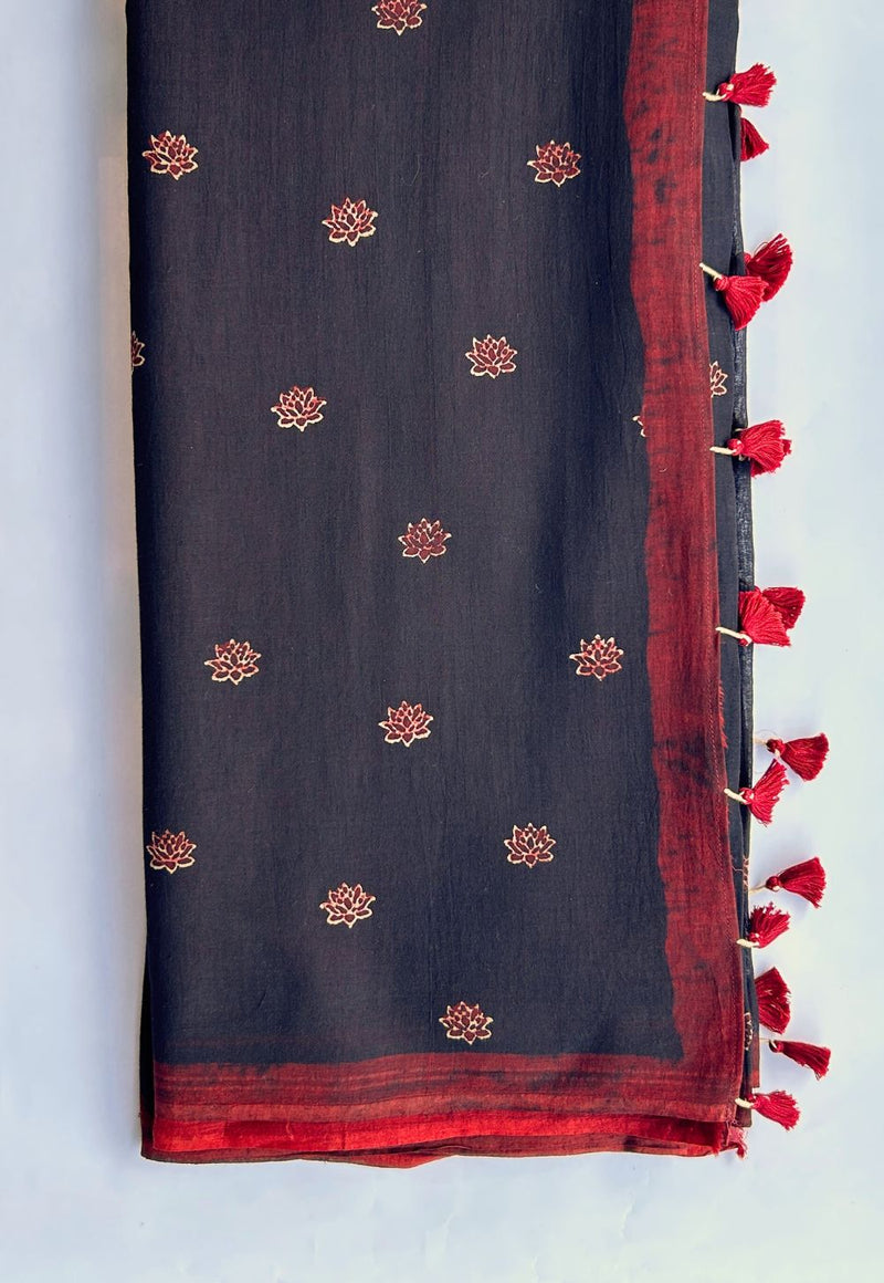 Black Ajrakh Handblock Printed MulMul Saree