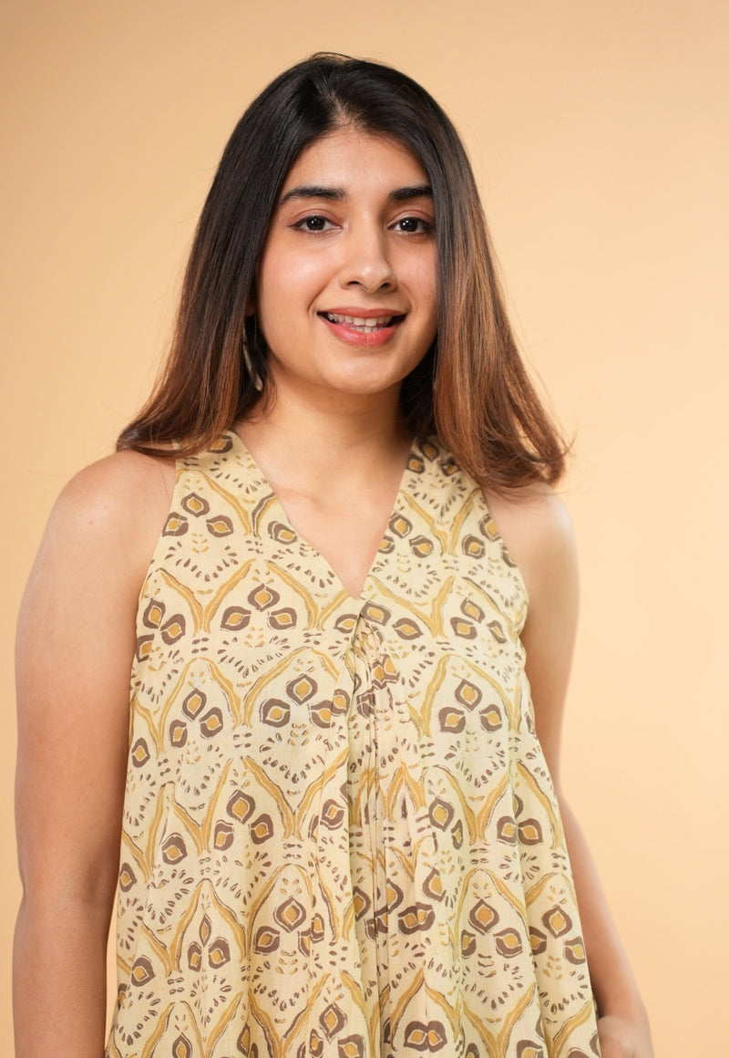 Eira Beige Ajrakh Cotton A Line Dress