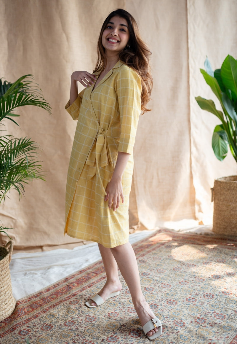 Erza Yellow Dabu Slub Cotton Straight Dress