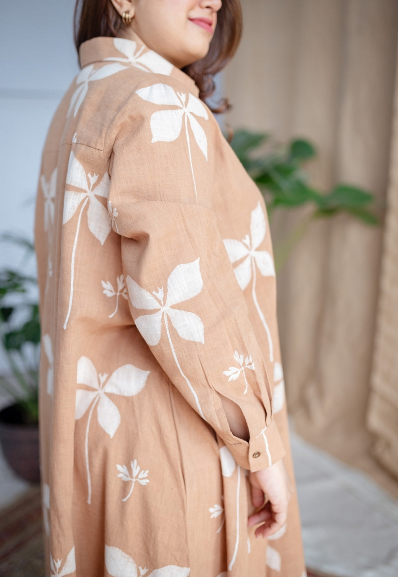 Trusha Light Brown A Line Dabu Slub Cotton Dress