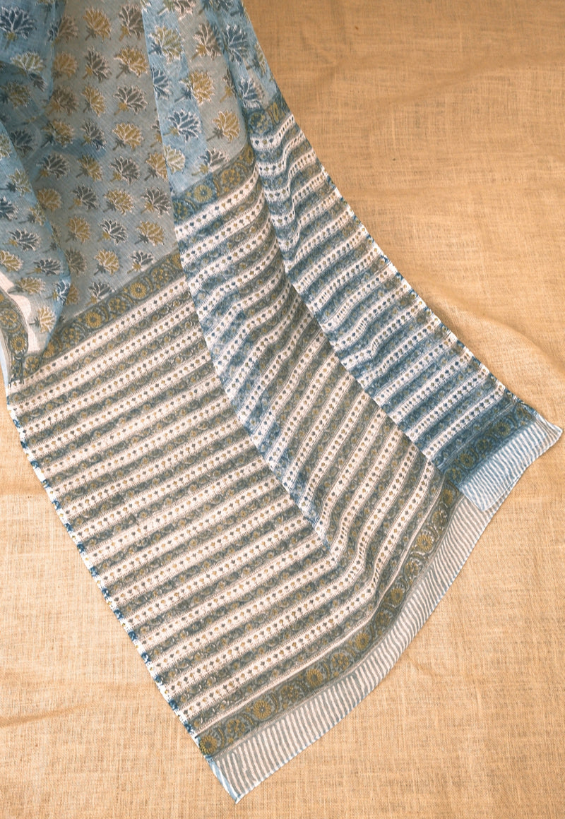 Green Butta Sanganeri Hand Block Print Kota Doria Saree