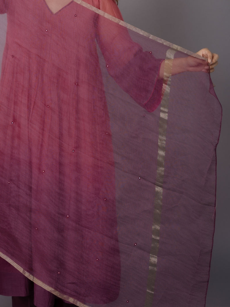 Wine Solid Zari Silk Net Dupatta with Hand Embroidery