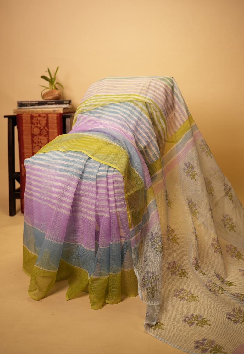 Blue Floral Sanganeri Hand Block Print Kota Doria Saree