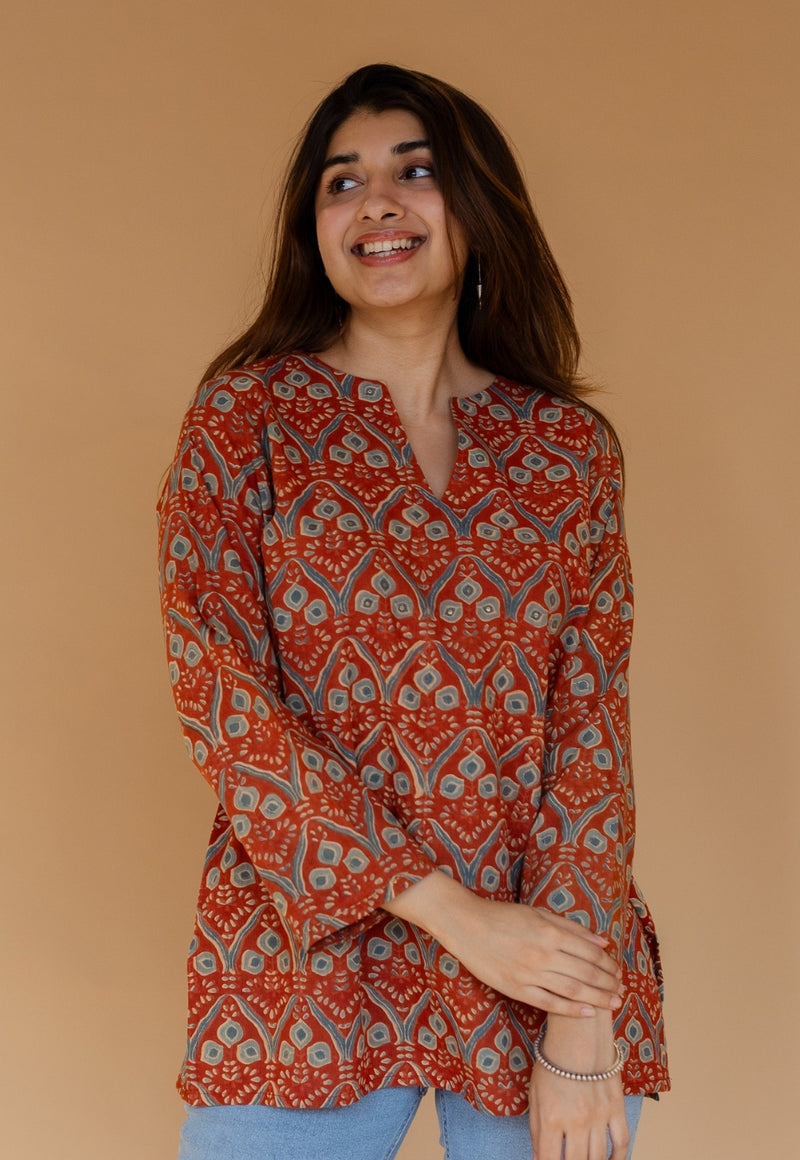 Tapsi Red Ajrakh Cotton A Line Short Top with Hand Embroidery