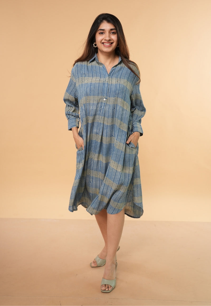 Ridah Blue Ajrakh Modal Silk A Line Dress