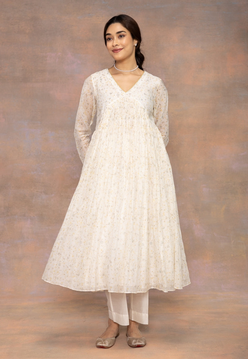 Rois White Sanganeri Chanderi Silk A Line Kurta with Hand Embroidery