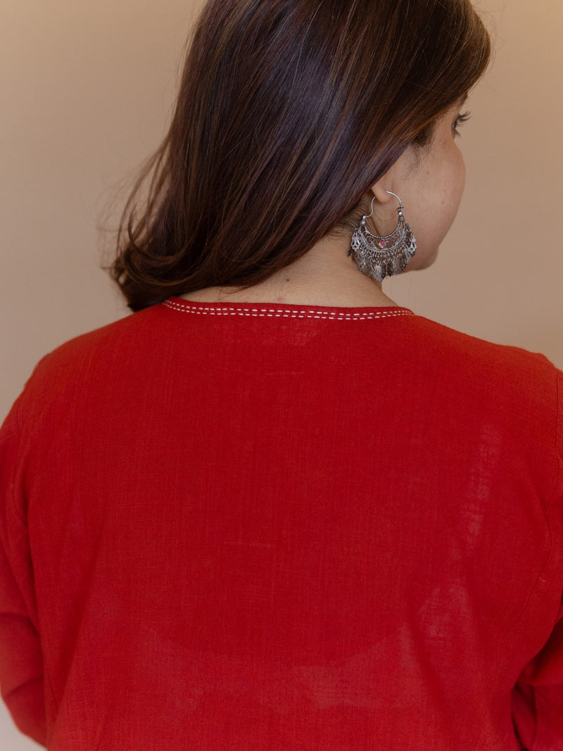 Nyra Red Solid Slub Cotton Jhabbha Kali Kurta with Hand Embroidery