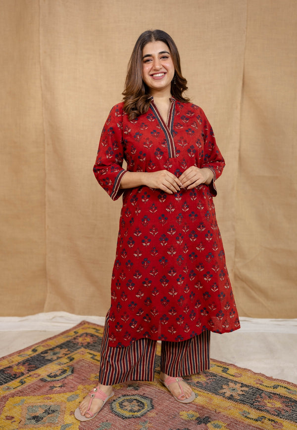 Yashi Red Ajrakh Cotton Straight Pant