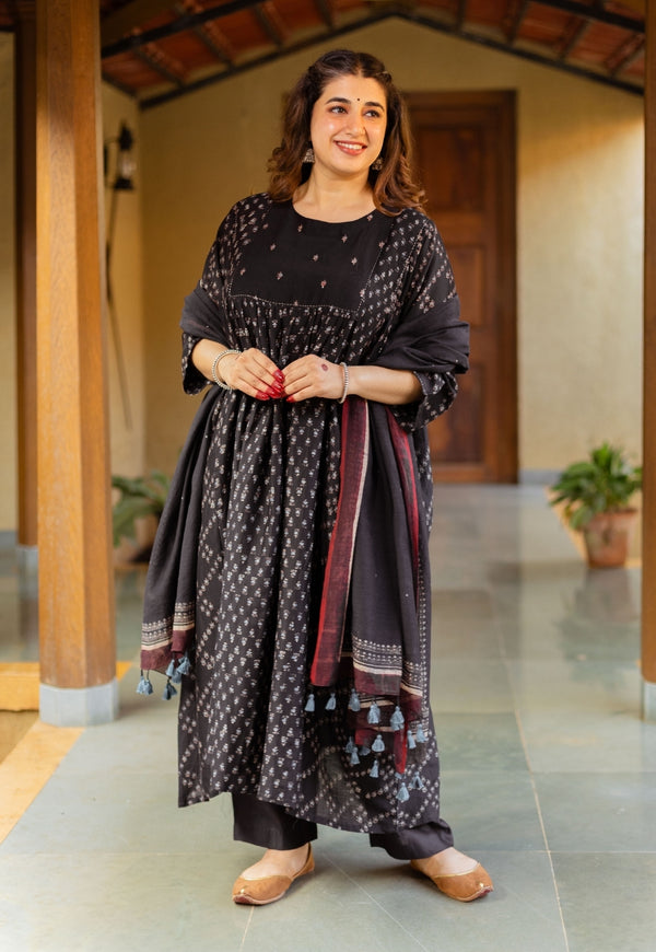 Melina Black Ajrakh Chanderi Silk Jhabba Kali Kurta with Hand Embroidery