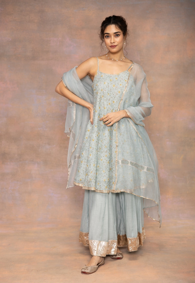 Rosalie Blue Sanganeri Chanderi Silk A Line Kurta with Lace Detailing