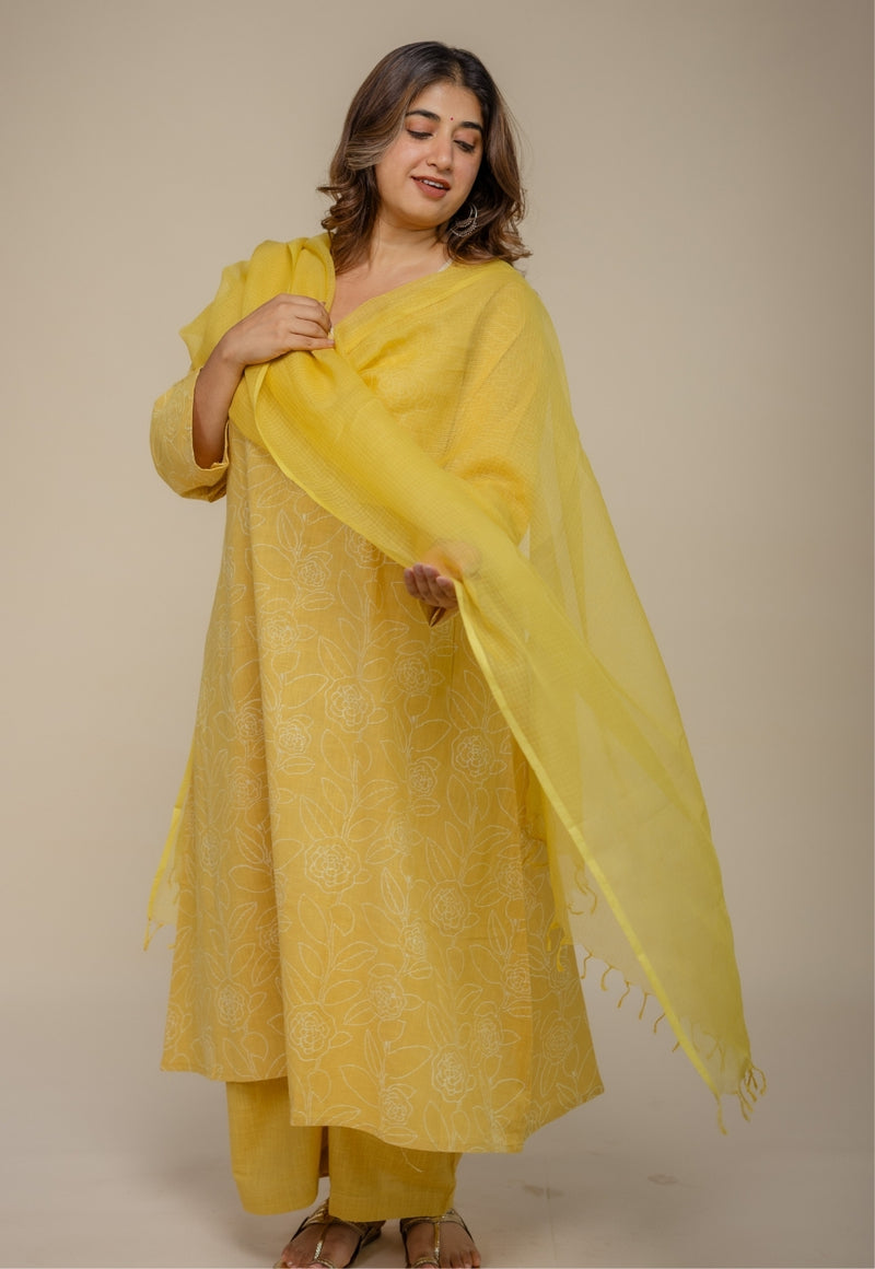 Zoya Yellow Hand Block Print Slub Cotton A Line Kurta with Hand Embroidery