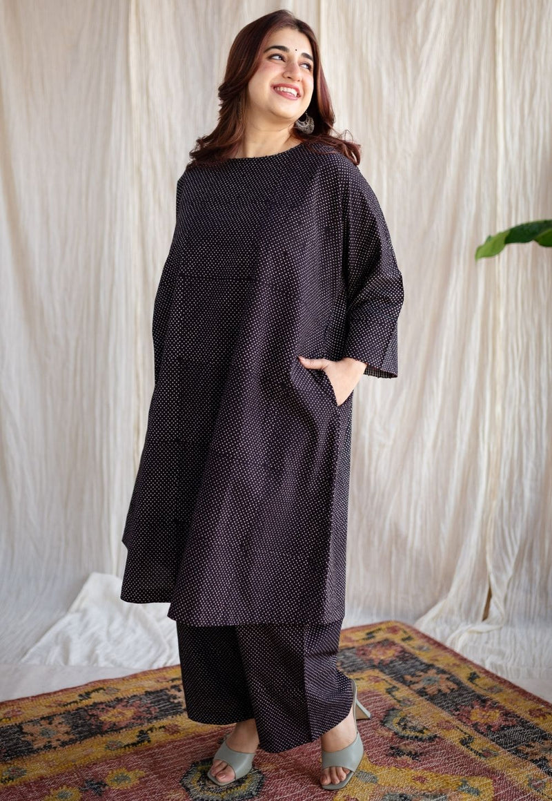 Bombay Charcoal Ajrakh Cotton Loose Kurta with Hand Embroidery