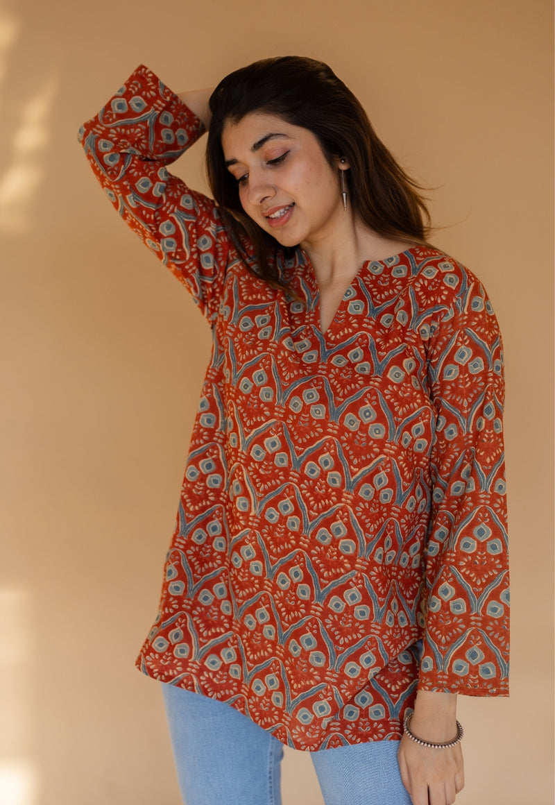 Tapsi Red Ajrakh Cotton A Line Short Top with Hand Embroidery
