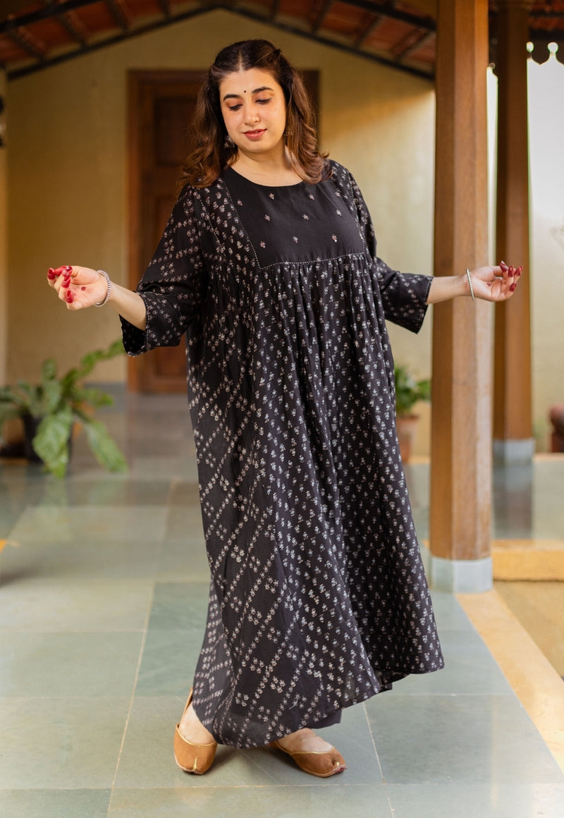 Melina Black Ajrakh Chanderi Silk Jhabba Kali Kurta with Hand Embroidery