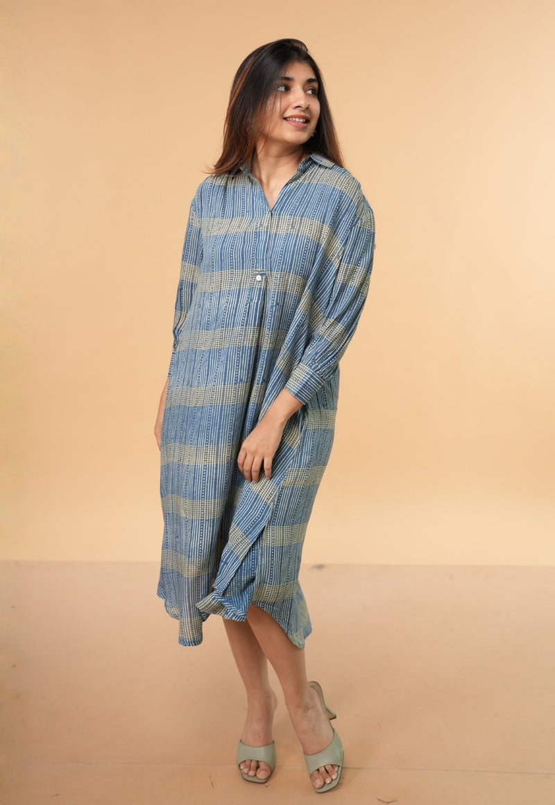 Ridah Blue Ajrakh Modal Silk A Line Dress