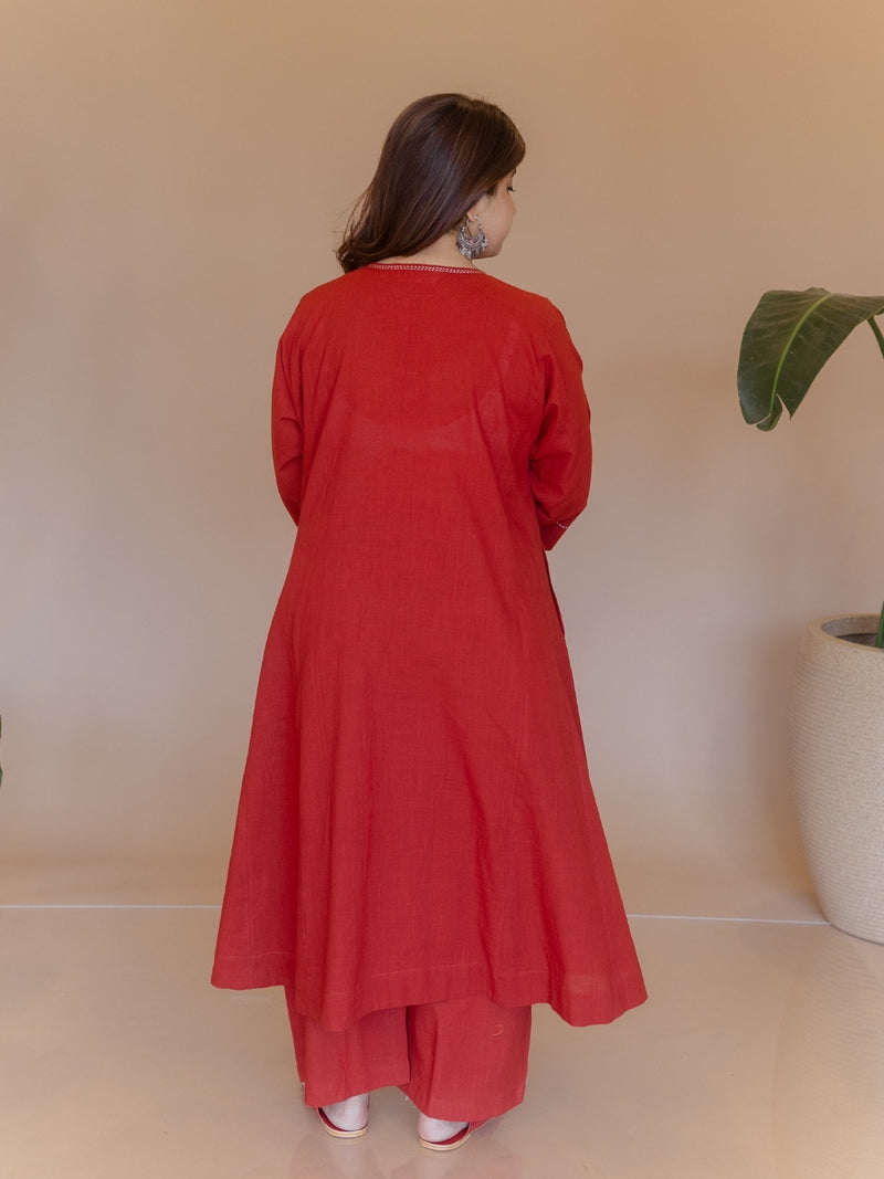 Nyra Red Solid Slub Cotton Jhabbha Kali Kurta with Hand Embroidery