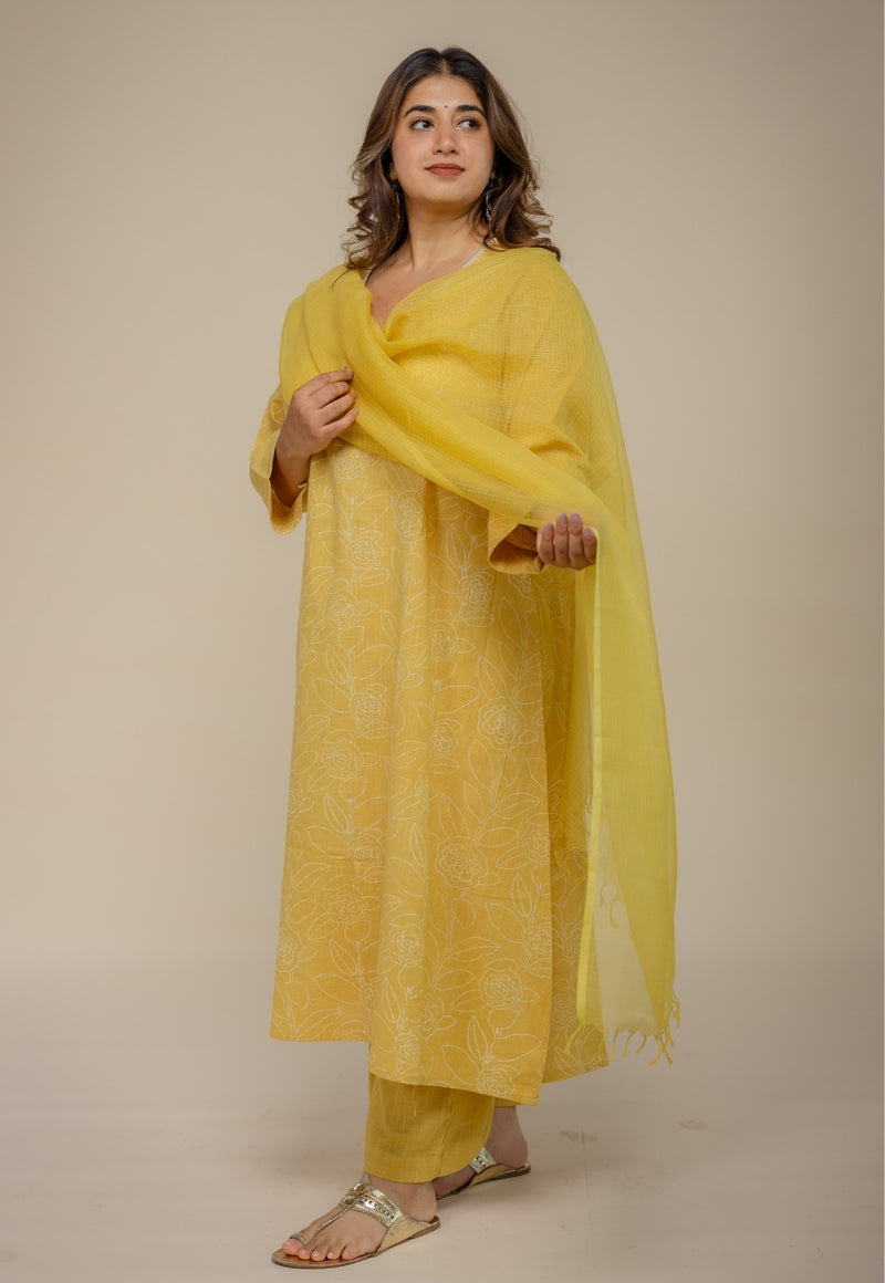 Zoya Yellow Hand Block Print Slub Cotton A Line Kurta with Hand Embroidery