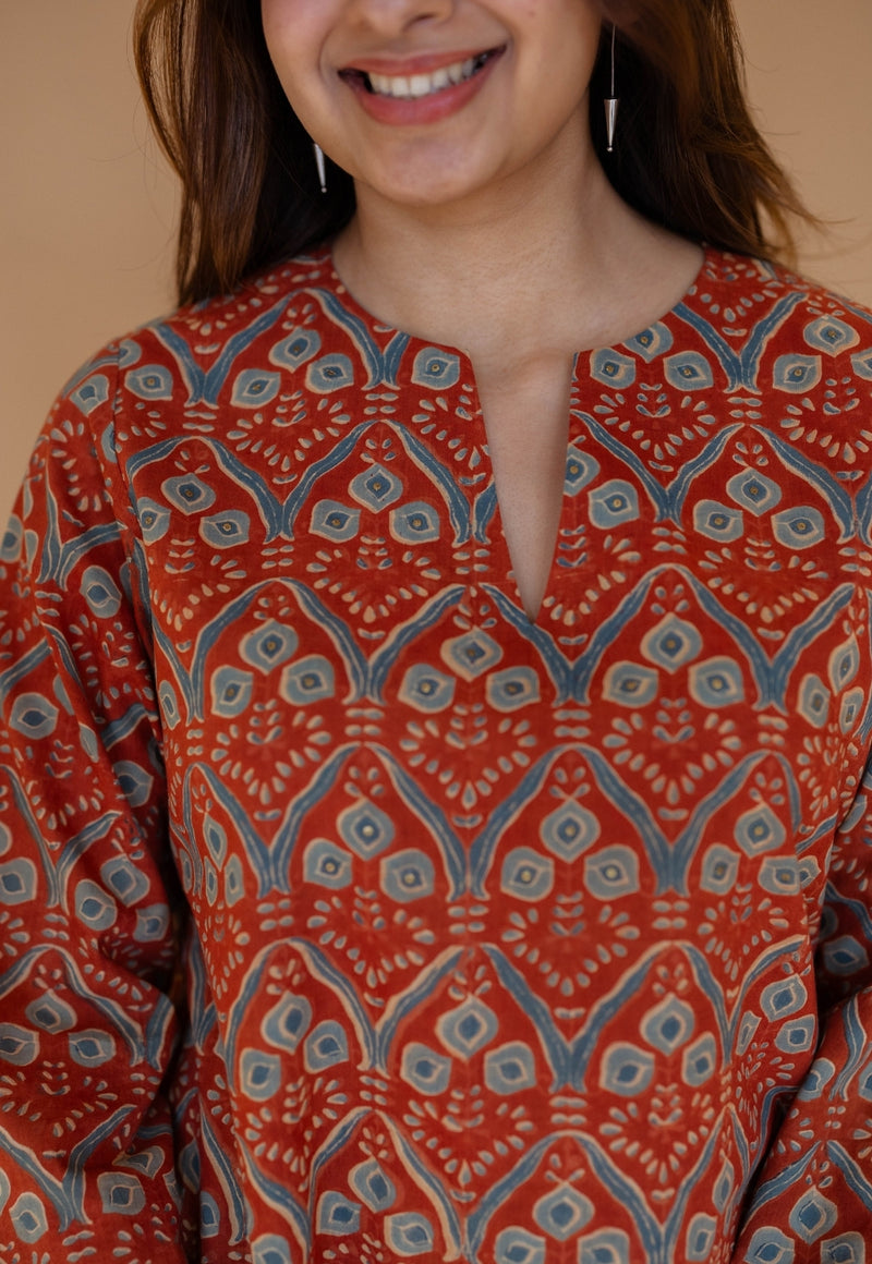 Tapsi Red Ajrakh Cotton A Line Short Top with Hand Embroidery