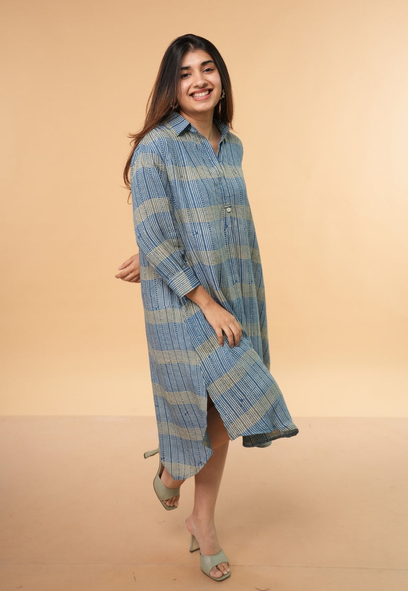 Ridah Blue Ajrakh Modal Silk A Line Dress