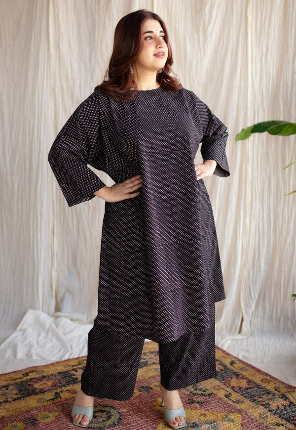 Bombay Charcoal Ajrakh Cotton Loose Kurta with Hand Embroidery