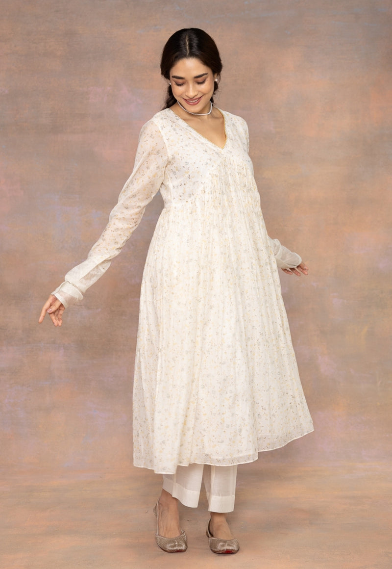 Rois White Sanganeri Chanderi Silk A Line Kurta with Hand Embroidery