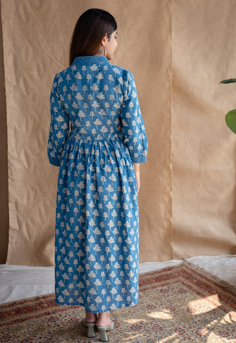 Ralia Indigo Dabu Slub Cotton A Line Dress