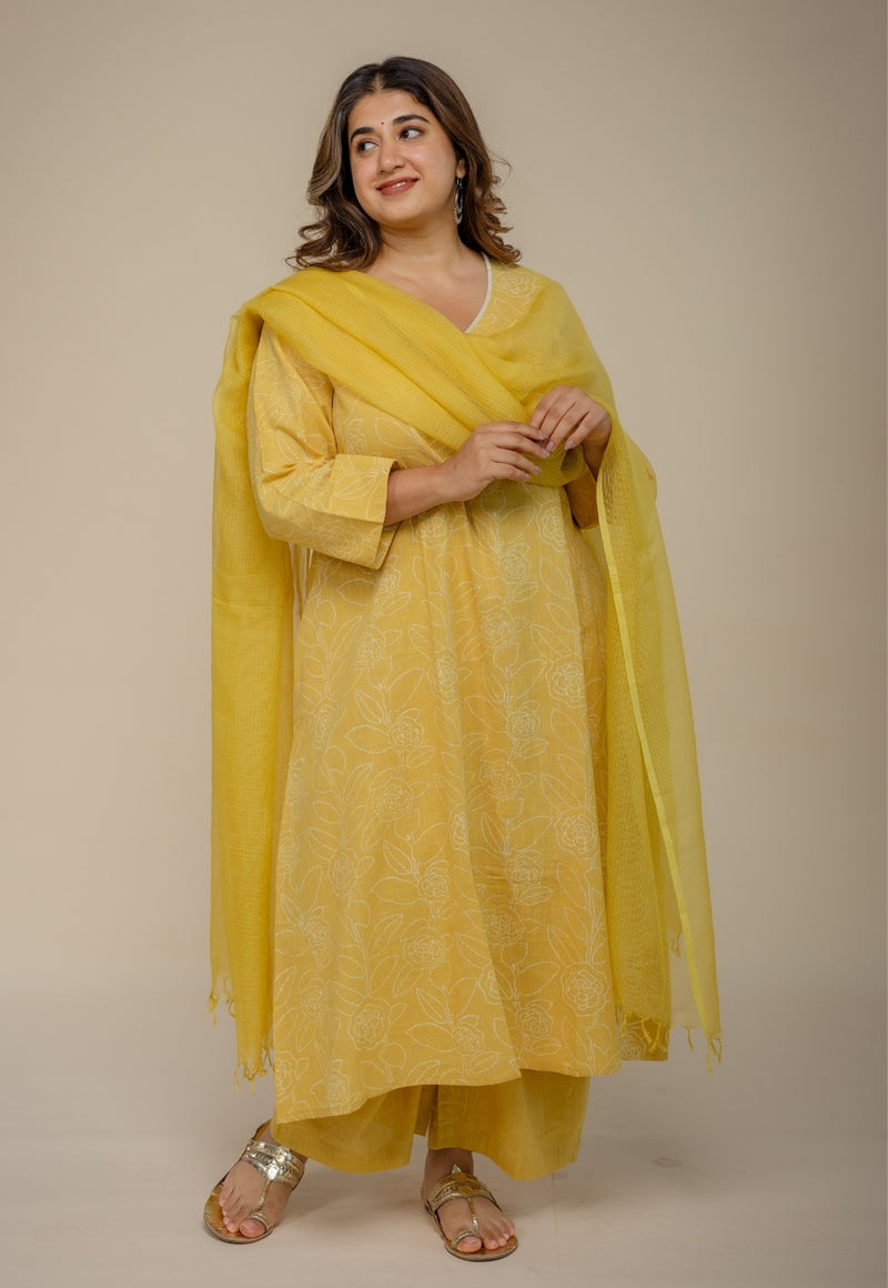 Zoya Yellow Hand Block Print Slub Cotton A Line Kurta with Hand Embroidery