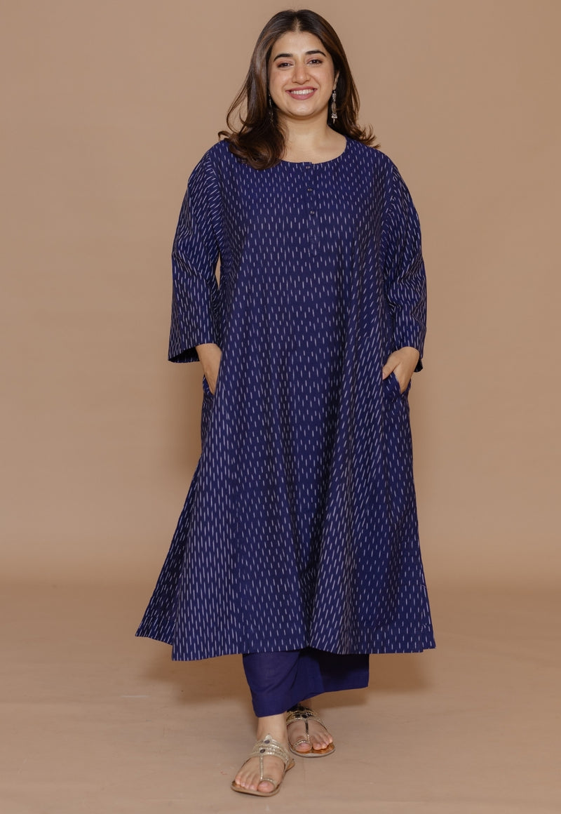 Alizah Blue Handloom Ikkat Cotton Jhabbha Kali Kurta