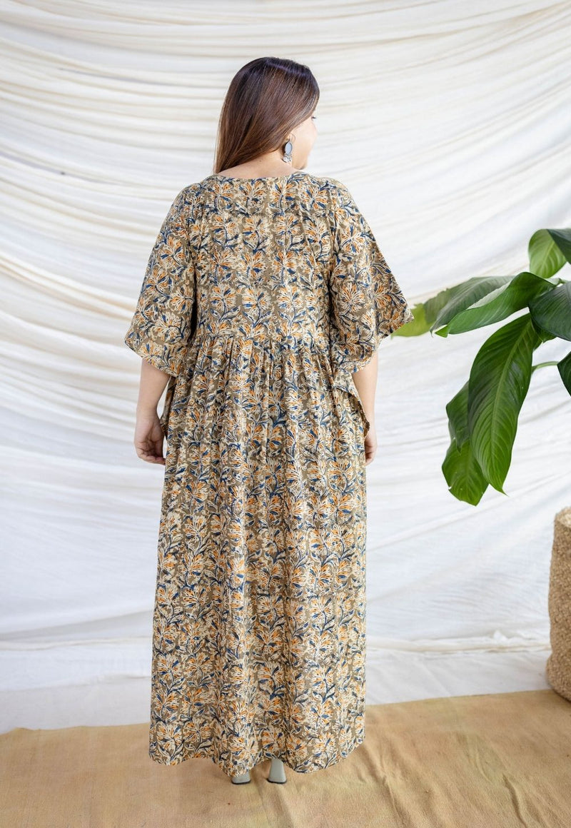 Ifrah Olive Green Kalamkari Cotton Loose Kaftan