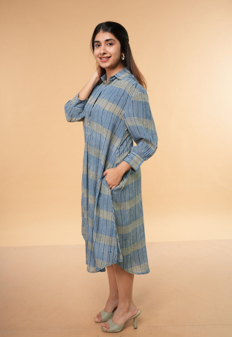 Ridah Blue Ajrakh Modal Silk A Line Dress