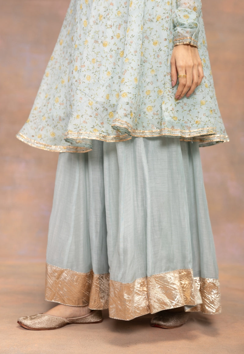 Rosalie Blue Sanganeri Chanderi Silk A Line Kurta with Lace Detailing