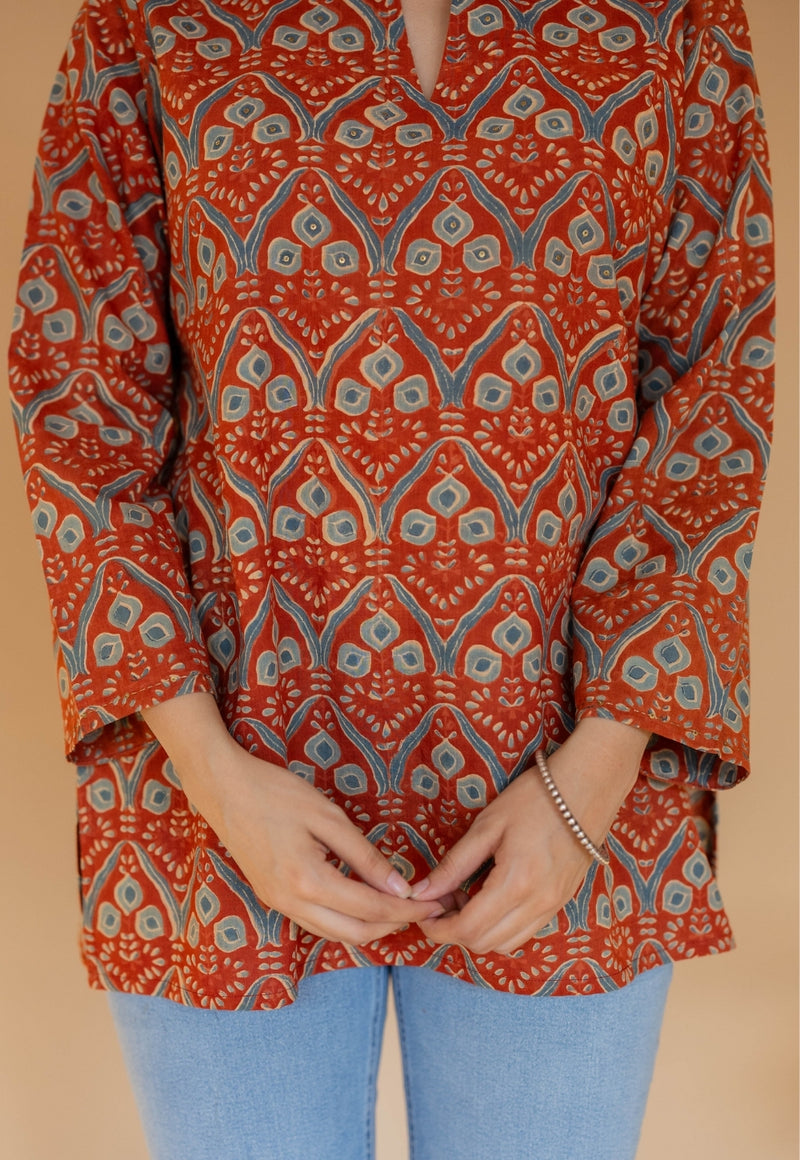 Tapsi Red Ajrakh Cotton A Line Short Top with Hand Embroidery