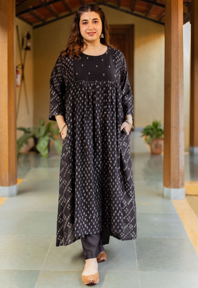 Melina Black Ajrakh Chanderi Silk Jhabba Kali Kurta with Hand Embroidery