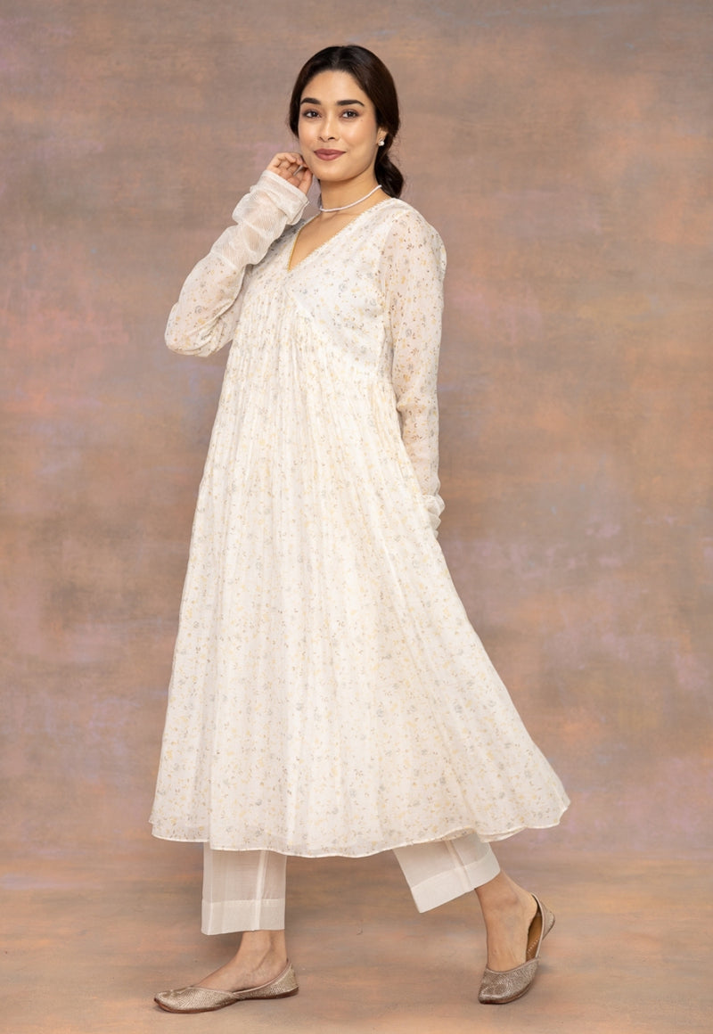Rois White Sanganeri Chanderi Silk A Line Kurta with Hand Embroidery