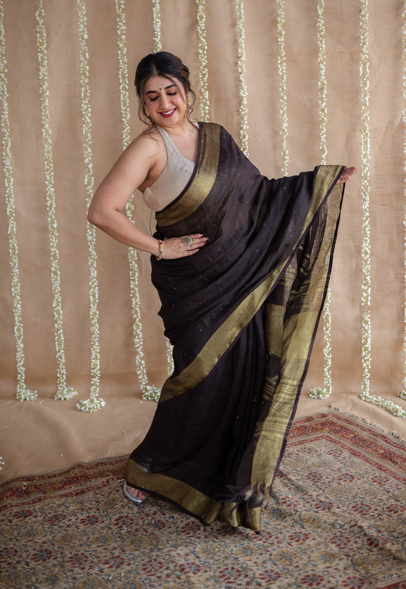 Black Maheshwari Silk Saree WIth Self Stripes And Broad Golden Border