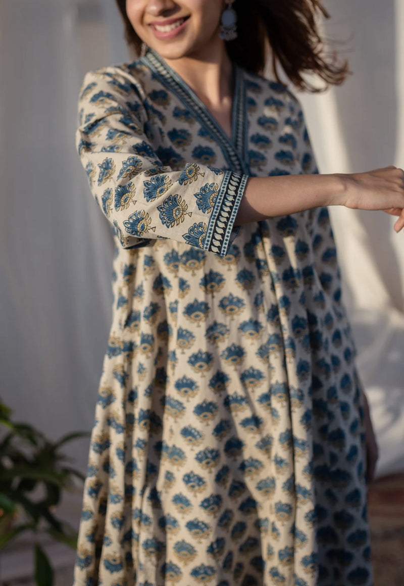 Aadhya Ajrakh Kali Line Cotton Kurta