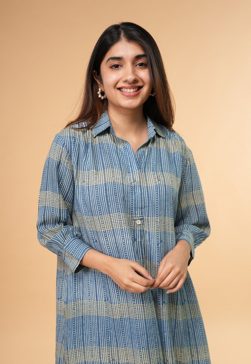 Ridah Blue Ajrakh Modal Silk A Line Dress