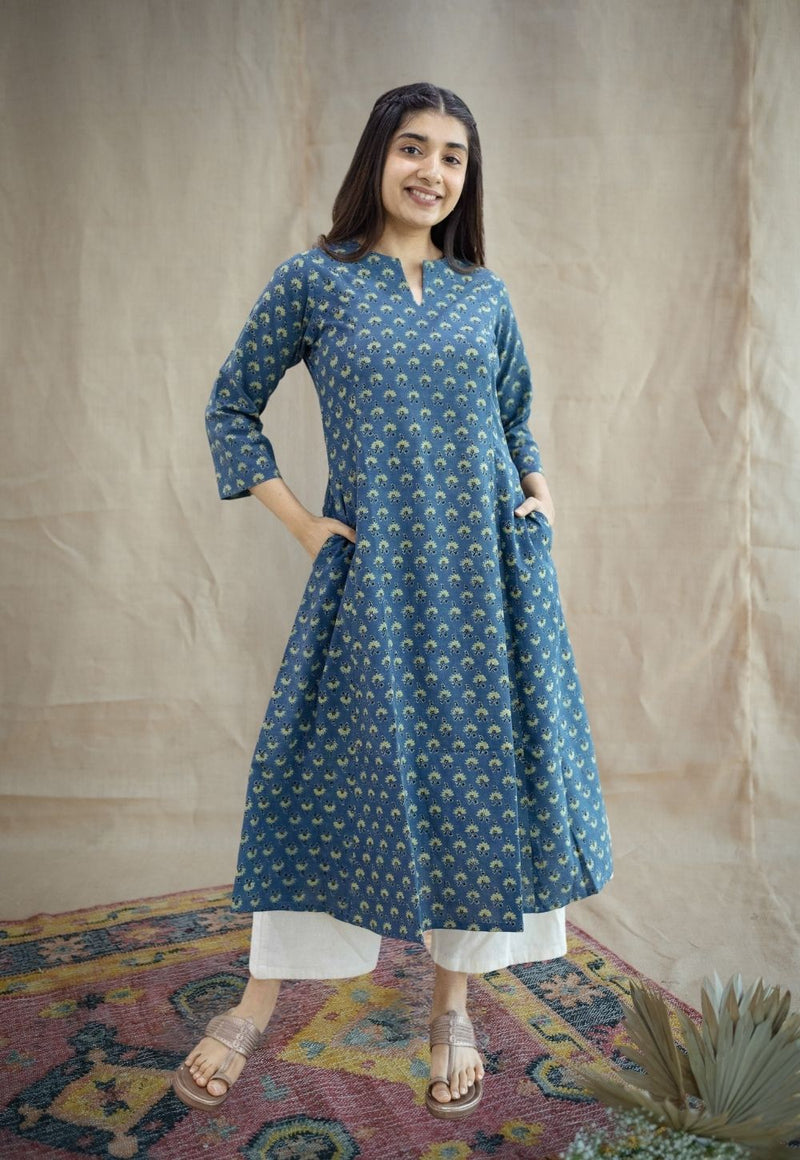 Malika Blue Ajrakh Cotton Kali Kurta