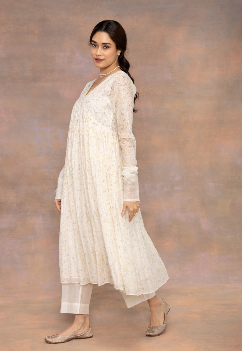 Rois White Sanganeri Chanderi Silk A Line Kurta with Hand Embroidery