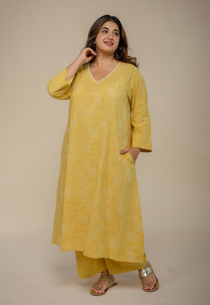 Zoya Yellow Hand Block Print Slub Cotton A Line Kurta with Hand Embroidery