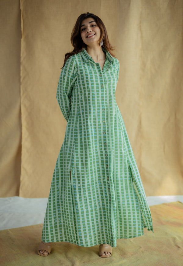 Trusha Green Batik Cotton A Line Dress