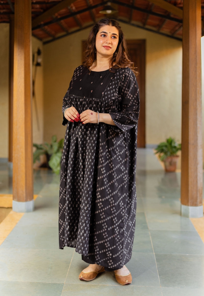 Melina Black Ajrakh Chanderi Silk Jhabba Kali Kurta with Hand Embroidery