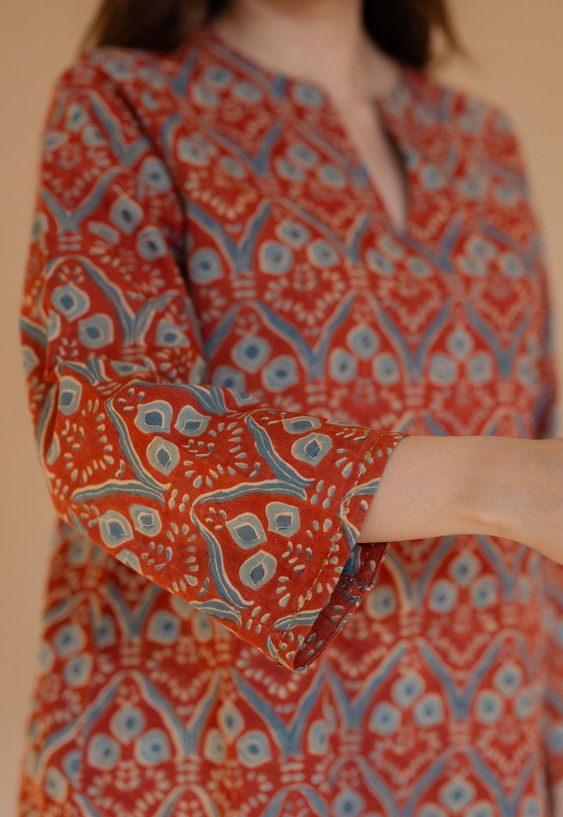 Tapsi Red Ajrakh Cotton A Line Short Top with Hand Embroidery