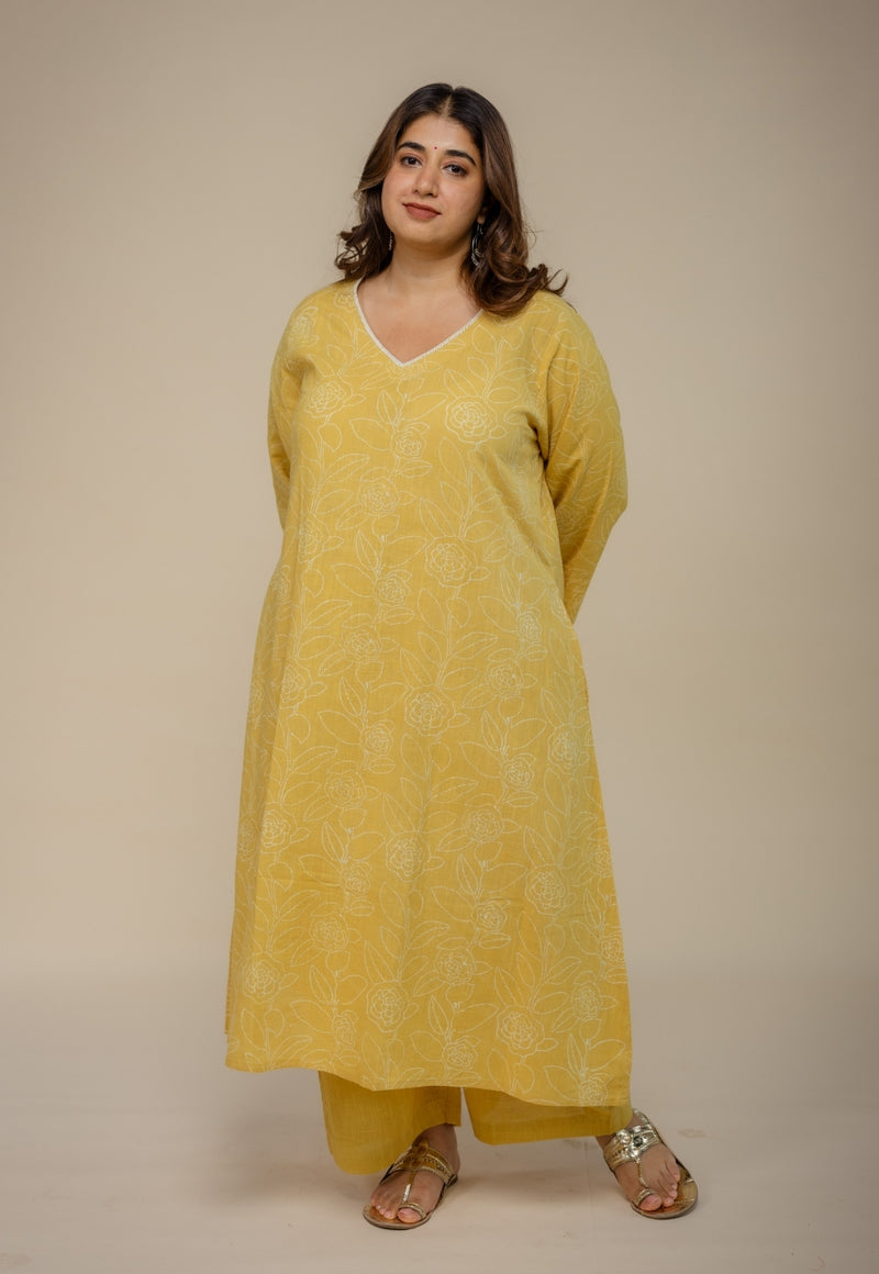 Zoya Yellow Hand Block Print Slub Cotton A Line Kurta with Hand Embroidery