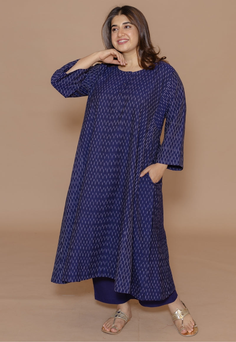 Alizah Blue Handloom Ikkat Cotton Jhabbha Kali Kurta