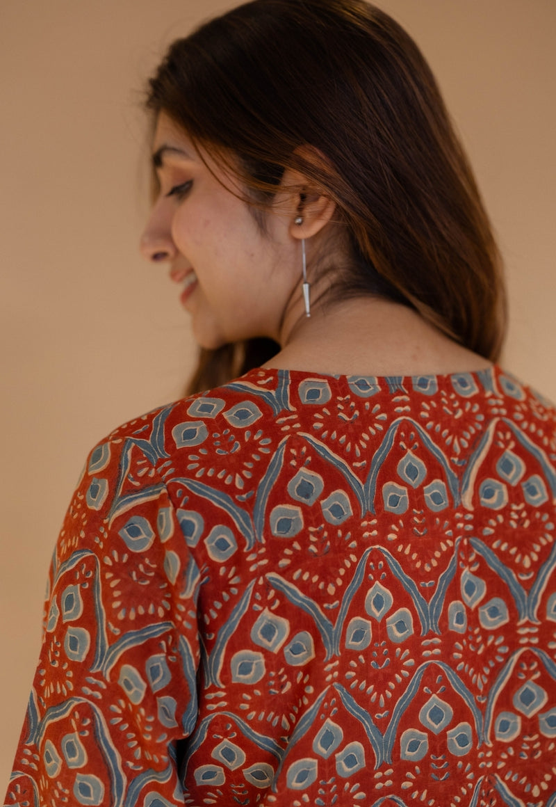 Tapsi Red Ajrakh Cotton A Line Short Top with Hand Embroidery
